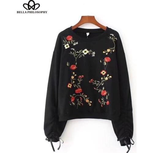 Bella Philosophy 2018 Autumn Winter Embroidery Sweatshirt Women Casual Lantern Sleeve Pullovers Female Sweatshirt Ladies Tops