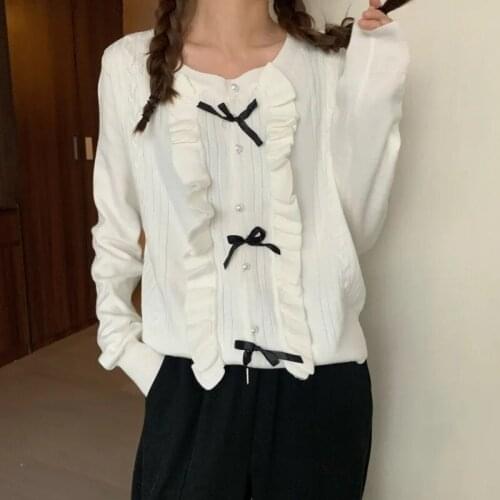 Women Knitted New Year Ruffles Korean Style O-neck Sweet Cardigans Girls Vintage Burgundy Bow Single Breasted Leisure Sweaters