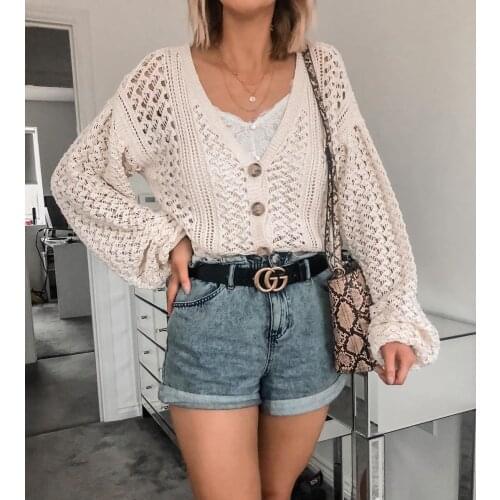 2021 Womens Fashion Crop Knitted Sweaters Single Breasted Lantern Sleeve Loose Cardigans Hollow Out Casual Shirt Sweaters