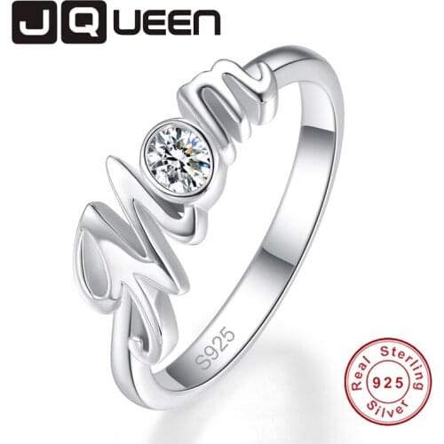 JQUEEN 100% Pure 925 Sterling Silver Bijoux Anel Female Ring White Gemstone Letter MOM Ring Fine Jewelry Mothers Day Gift