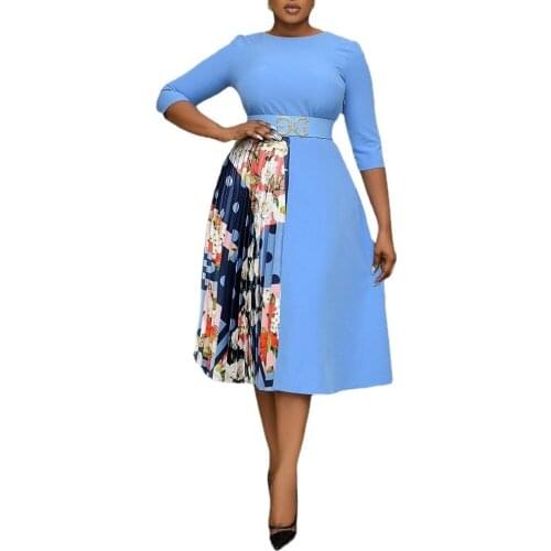 2021 New African Dress Female Round Collar Splicing Dashiki Print Pleated Dress High Waist Slim Skirt Elegant Party Vestidos 3XL