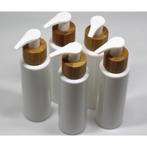 4 oz Bamboo Lotion Pump Bottle 120ml White Amber Plastic PET Shampoo Bottle Lotion Pump with Bamboo Lid 5 pieces per lot