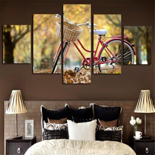 Unframed 5 Panels Wall Art Picture Autumn Bicycle Home Decorative Canvas Art Paintings Printed Posters For Living Room
