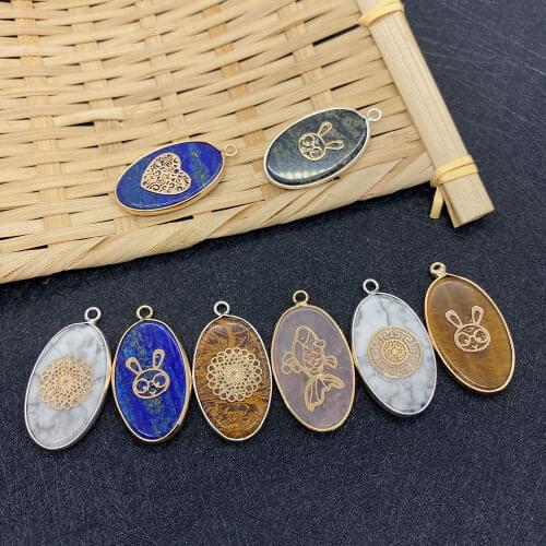 Natural Stone Oval Multicolor Pendant Lapis Lazuli Tigers Eye Stone Birds Eye Stone Metal Edging Gold Pattern Pendant Jewelry