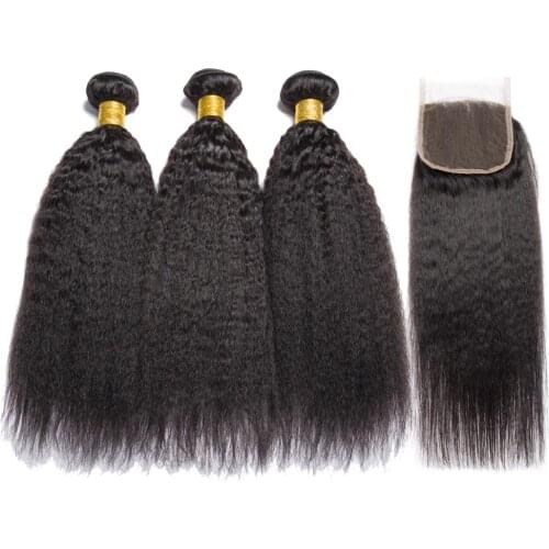 Alibele Yaki Bundles With Closure Brazilian Hair Weave 3 Bundles With 4X4 Lace Closure Human Hair Extension Remy Human Hair