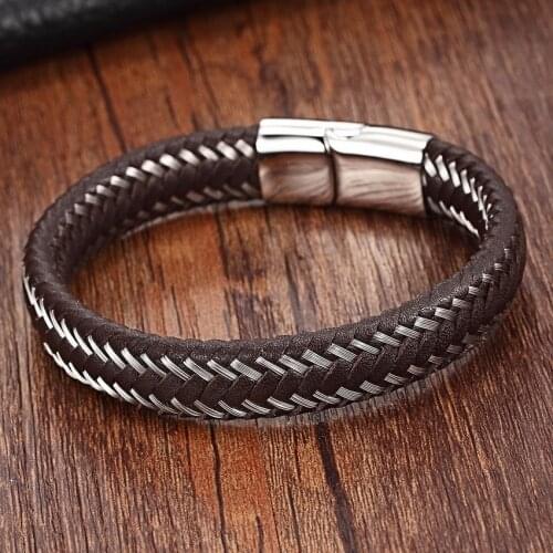 2017 Stainless Steel Chain Bracelet Men Genuine Leather Bracelets Black Color Leather Bracelet for women Rope Jewelry Vintage