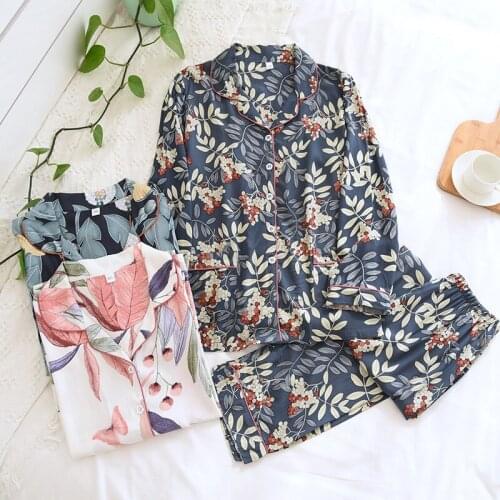 Lapel Homewear Cotton Womens Pajamas Suit Button Floral Printed Sleepwear Set Long Sleeve 2 Pieces Shirts + Pants Female Pijama