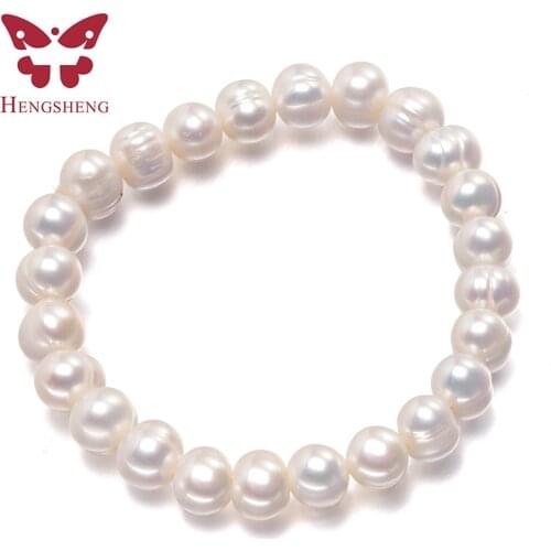 HENGSHENG New Arrival White 8-9mm Baroque Natural Freshwater Pearl Strand Bracelet For Women,Fashion Bracelet Girl Birthday Gift