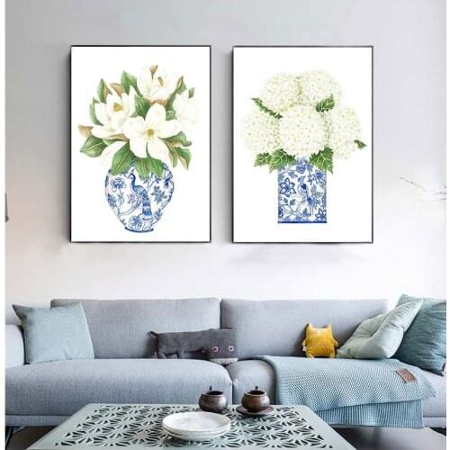 Blue and White China Magnolia Hydrangea Prints Chinoiserie Art Canvas Painting Gallery Wall Art Picture Poster Trendy Wall Decor
