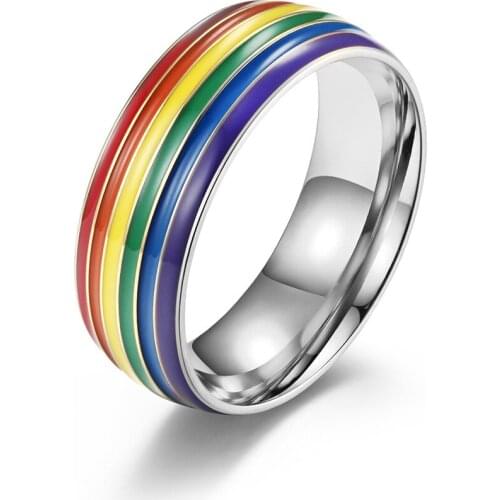 Fashion Gold Silver Color Rainbow LGBT Pride Ring For Lesbian Gay Men Stainless Steel 8mm Wedding Band Rings Male Jewelry