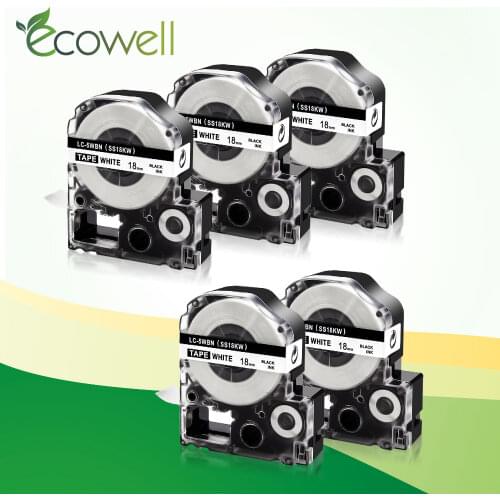 Ecowell 5pcs 9mm Black on White SS18KW LC-5WBN compatible for Epson Label Makers LW-600P LW-700P LW-400 printer Ribbon SS18KW