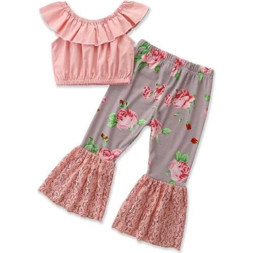 Summer Girls' Clothing Sets One-Shoulder Top+Floral Lace Pants Fashion Baby Kids Fashion Children Clothing Western Style 2Pcs