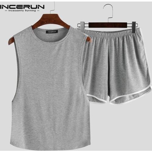 INCERUN Summer Fashion Men Pajamas Sets Sleeveless O Neck Tank Tops Shorts Solid 2021 Homewear Casual Sexy Sleepwear Sets S-5XL