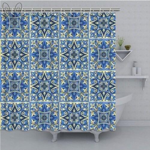 Moroccan Shower Curtain Tile Pattern with Portuguese Traditional Azulejo Motifs Oriental Curls Bathroom Curtains Decor Shower