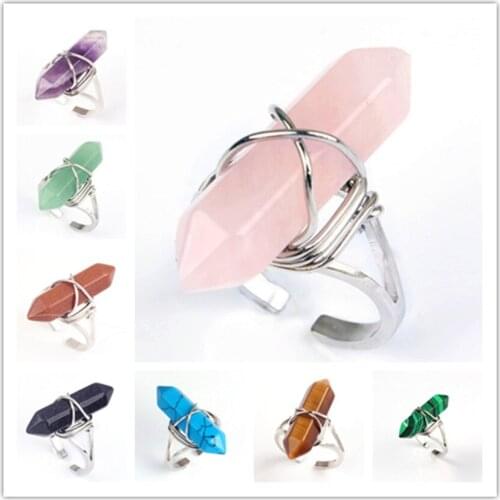 Trendy-beads Silver Plated Wire Wrap Resizable Hexagon Column Finger Ring Many Color Quartz Stone Jewelry