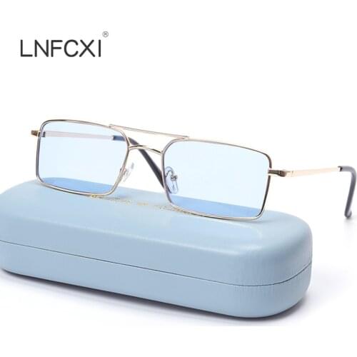 LNFCXI Square Women Sunglasses Punk Metal Small Frame Clear Double Bridge Men Red Yellow Sun Glasses Vintage Female Shades