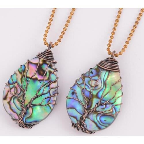 Natural Stone Water Drop Abalone Shell Pendant Copper Line Wrapped Tree of Life Necklace for Women Trendy Jewelry Hook D530