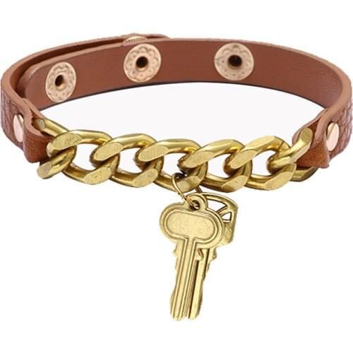 2021 New Fashion Women Bracelet Creative Chain Key PU Leather Bracelet Charms Bangles Gold Metal Button Party Jewelry Gifts