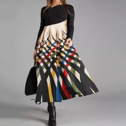 Landscape Printed Dress For Women Spring Autumn Long Sleeve O-neck Tunic Patchwork DressFashion Vintage Dress Женское Платье @40