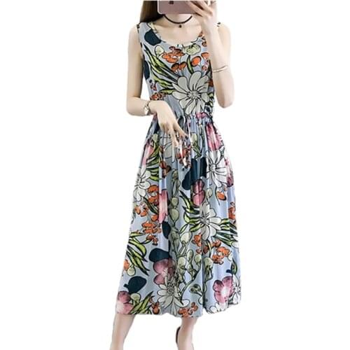 Fashion Sleeveless Print Dress Women 2019 Summer Cotton Silk Vest Dresses Plus size Female Belt Slim Long Big swing Dresses H803