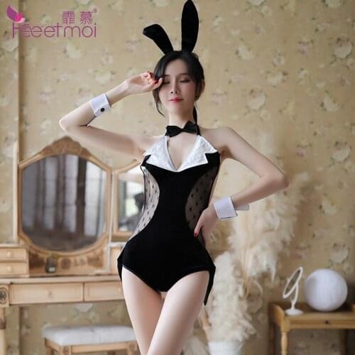 Bunny Girl Sexy Lingerie Women Black Velour Mesh Bodysuit with Ears Rabbit Girl Cosplay Sex Clothes Backless Body Suits