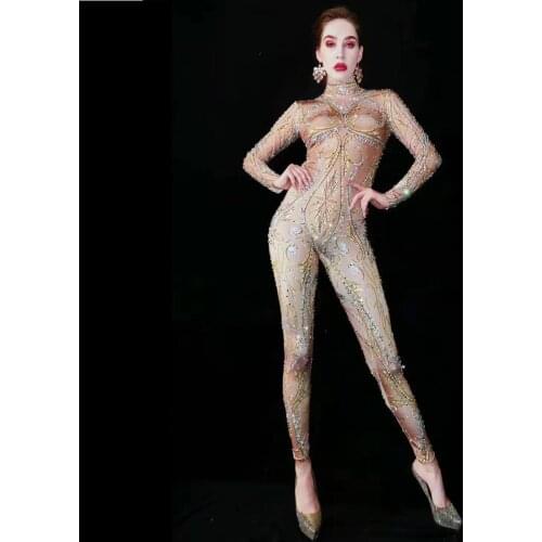 Sexy Rhinestone Jumpsuit Sparkly Stones Bodysuit Stage Wear Women Celebrate Female Singer Crystals Dance Performance Costume