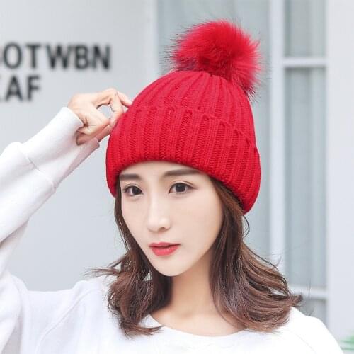Faux Fur Pom Pom Beanie Hat Knitted Skullies Beanies Caps For Women Winter Pompom Skulllies Beanie Hats
