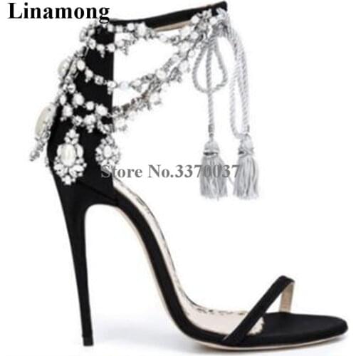 Ladies Luxury Bling Bling Glittering Drape Pearls Lace-up Gladiator Sandals Ankle Strap Rhinestone High Heel Sandals Wedding