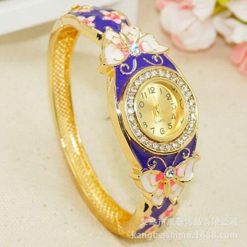 Women Brand Luxury Butterfly Bracelet Gold Dress Watch Folk Style Lady Gold Bangle Enamel Diamond Bracelet Quartz Wristwatch