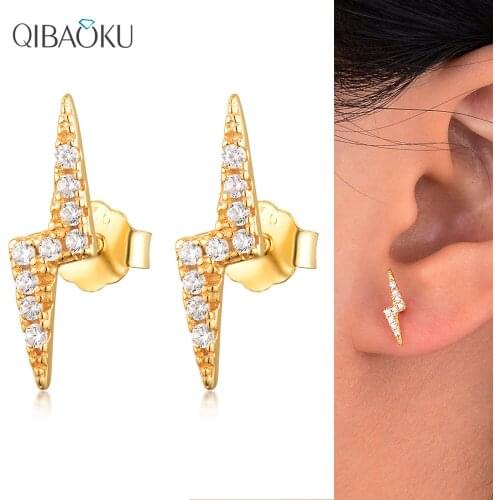 S925 Sterling Silver Stud Earrings for Women Shiny Zircon Gold Plated Mini Fine Jewelry Lightning Shape Piercing Earrings