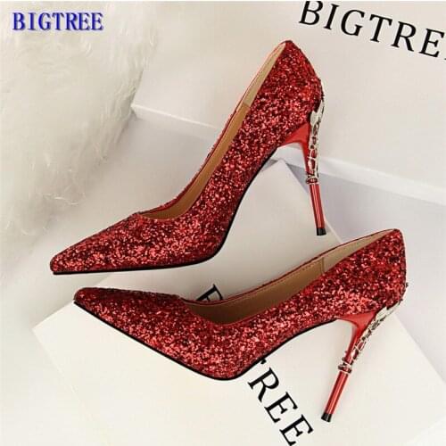 2019 New Elegant Metal Carved Heel Shallow Women Pumps Sequined Cloth Pointed Toe High Heels Shoes Fashion Womens Wedding Shoes