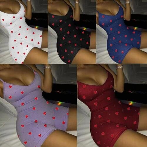 Party Jumpsuit Women Overalls Jumpsuits Heart Print Bodycon V Neck Sleeveless Slim Fit Romper Korea Ladies Plus Size One Piece