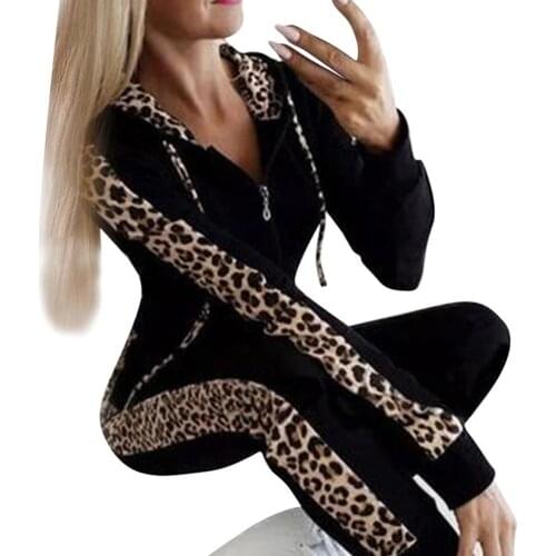 Retro Fashion Casual Women Leopard Long Sleeve Hooded Sports Top Pants Tracksuit Sweatshirt Sweatsuit Jogging