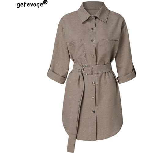 2021 Spring Dresses Women Elegant Casual Solid Long Sleeve Tunic Bandage OL Work Shirt Party Mini Dress Tops Blouses Robe Femme