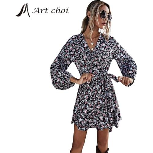 Spring Summer Beach Flowered Mini Dress Women Belt Bowknot Sexy V-Neck Long Lantern Sleeves Belt Bodycon Vestido A-Line Dresses