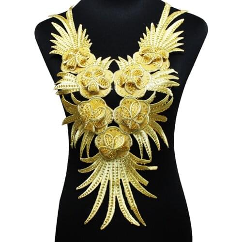 2piece Beaded Rhinestones Gold Tassel Patches Iron On Collar Stickers 3D Embroidery Neck Applique For Craft Dance Dress T1736