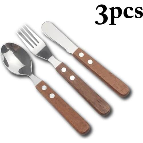 3Pcs/Set Kitchen Utensils Stainless Steel Polished Spoon Fork Knife With Wooden Handle Home Flatware Dinnerware Sets Accessories