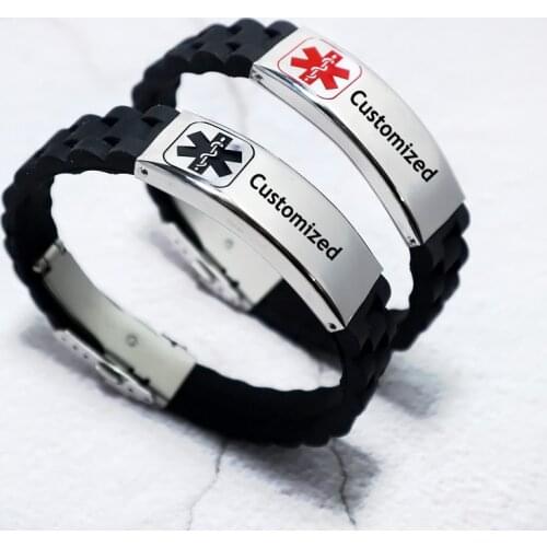 DIY Medical Alert Bracelet for Men Custom Engraving Silicone Bangle Emergency SOS Wristband Sport Style Jewelry