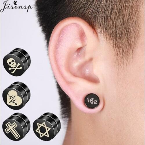 Jisensp Hot Double Side Black Magnet Round Circle Punk Stud Earrings Women Stainless Steel Jewelry Mens Magnetic Ear Studs