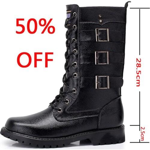 Leather Boots Army Boots Men High Military Combat Men Boots Mid Calf Metal Chain Male Motorcycle Punk Boots Spring Mens Shoes