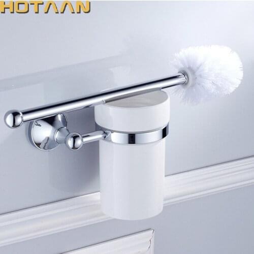 HOTAAN Free shipping Solid Brass Wall Mount Mounted Toilet Brush Set With Ceramic Cup Holder, Chrome YT-13512-C