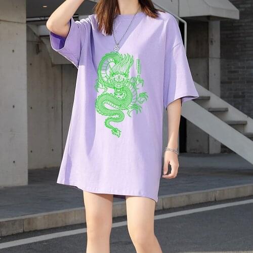 Women Cotton Harajuku Dragon Top Oversized Long Graphic Shirts Vintage 90s Aesthetic Fashion Short Sleeve O Neck Tees Streetwear