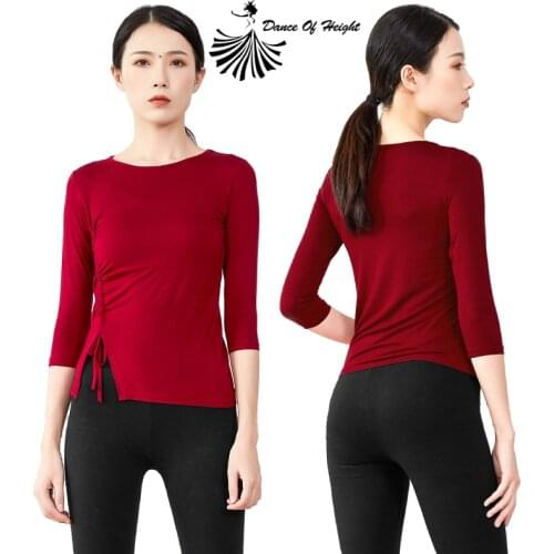 Modern Dance Practice Clothes For Women Modal Classical Dance Training Shirt Round Neck Half Sleeve Side Split With Drawstring