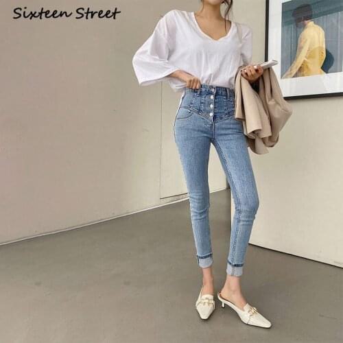 Skinny Jeans Women Pants with High Waist New Korean Vintage Clothes Single Breasted Pencil Y2K Pants Aesthetic Female Denim 2020
