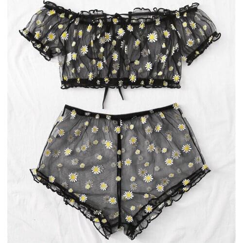 Sweet Sexy Floral Off Shoulder 2Pcs Sets See Through Lingerie Women Transparent Tops+Shorts Panties Babydoll Sleepwear