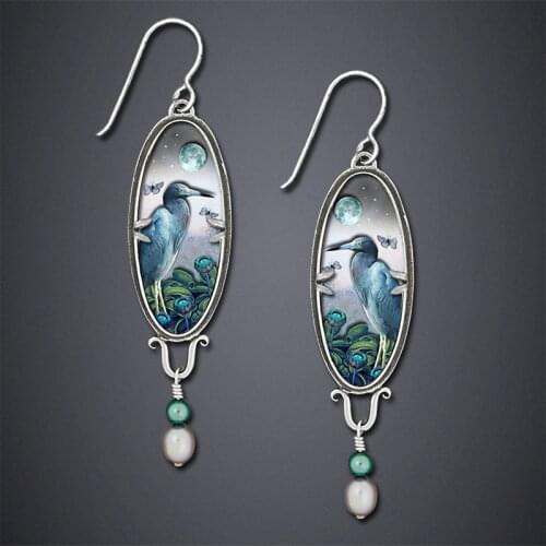 Exquisite Bird Blue Heron Flower Pattern Earrings Ladies Elegant Pearl Resin Stone Statement Drop Earrings Pendant