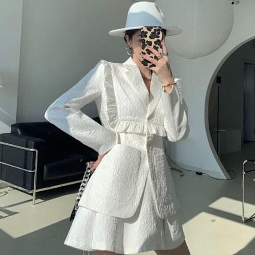 Elegant Ladies Office Two Pieces Set 2021 New Autumn Korean Casual Long Sleeve Blazer Coat + High Waist A Line Skirts Suits