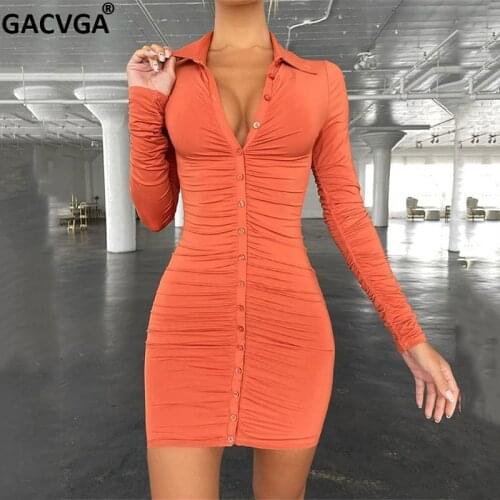 GACVGA New Autumn Sexy Women Bodycon Dress Vintage Single-Breasted Party Dresses Simply Ruched Y2K Casual Womens Clothing 2021