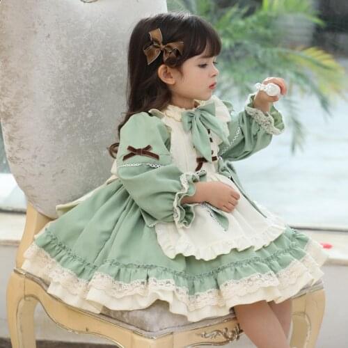 1 2 3 4 5 6 Years Girls Dress For Christmas 2020 Kids Girls Long Sleeve Princess Vintage Green Lolita Apron Dress Winter Fall