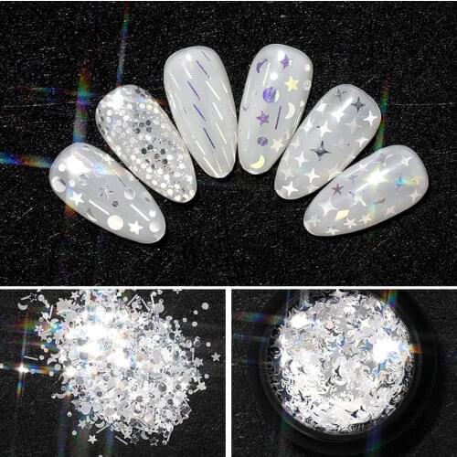 1 box new pattern nail silvery glitter Stars flakes shiny Mirror surface 3D glitter Moon glitter bling varnish manicure nails Ar